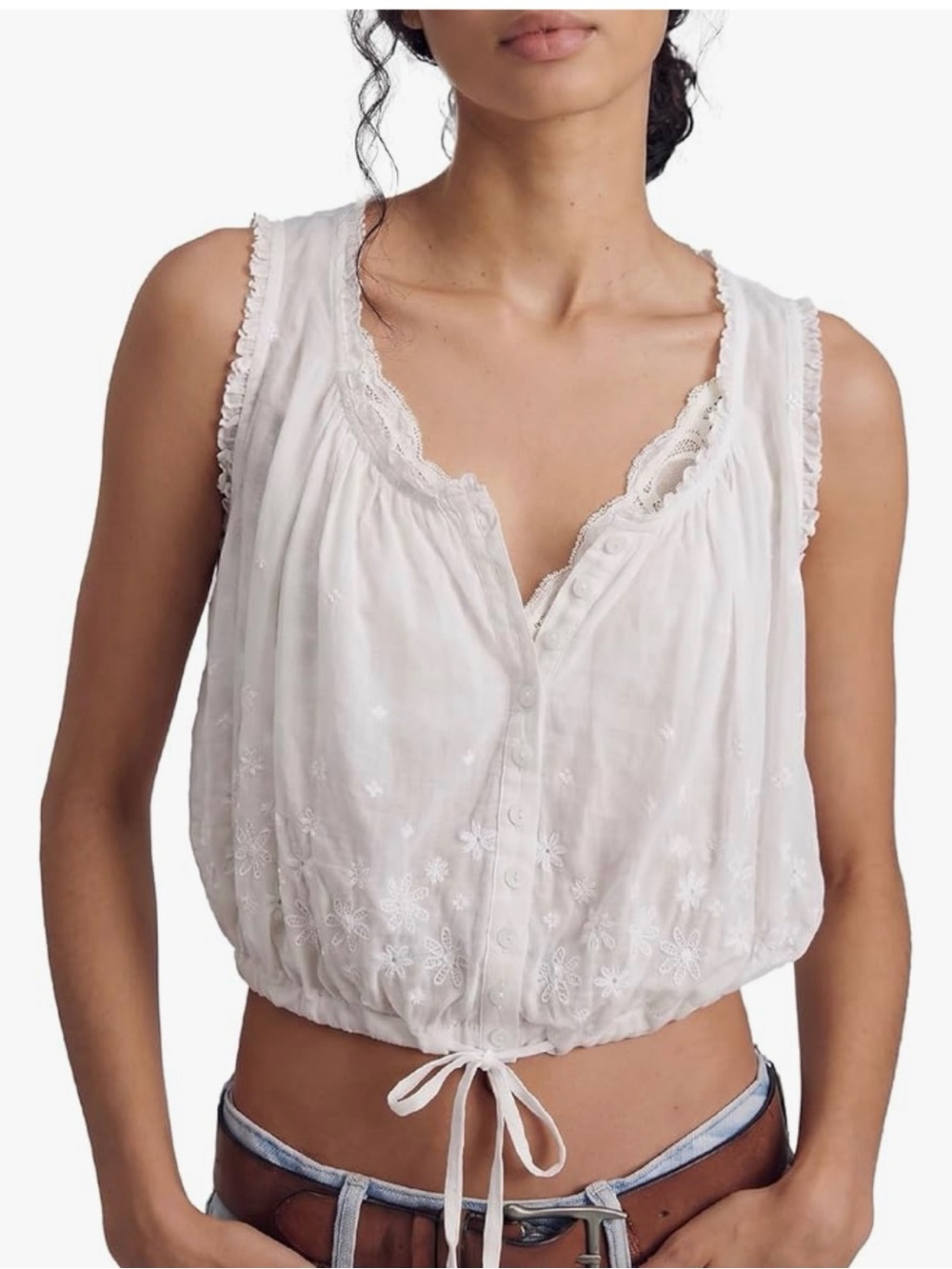NWT White Lace-Trim Button Front Cropped Tank Top-S - Picture 7 of 11